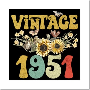 Vintage 1951 Sunflower Floral Retro Groovy 72nd Birthday Posters and Art